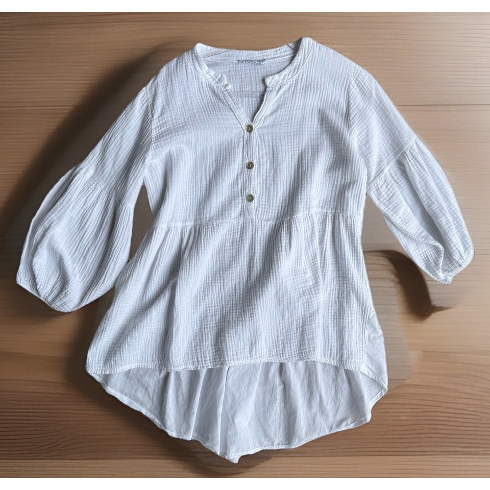 Tempo Paris Blouse White Gauzy Oversized Peasant Top Sz S High/lo Minimalist‎